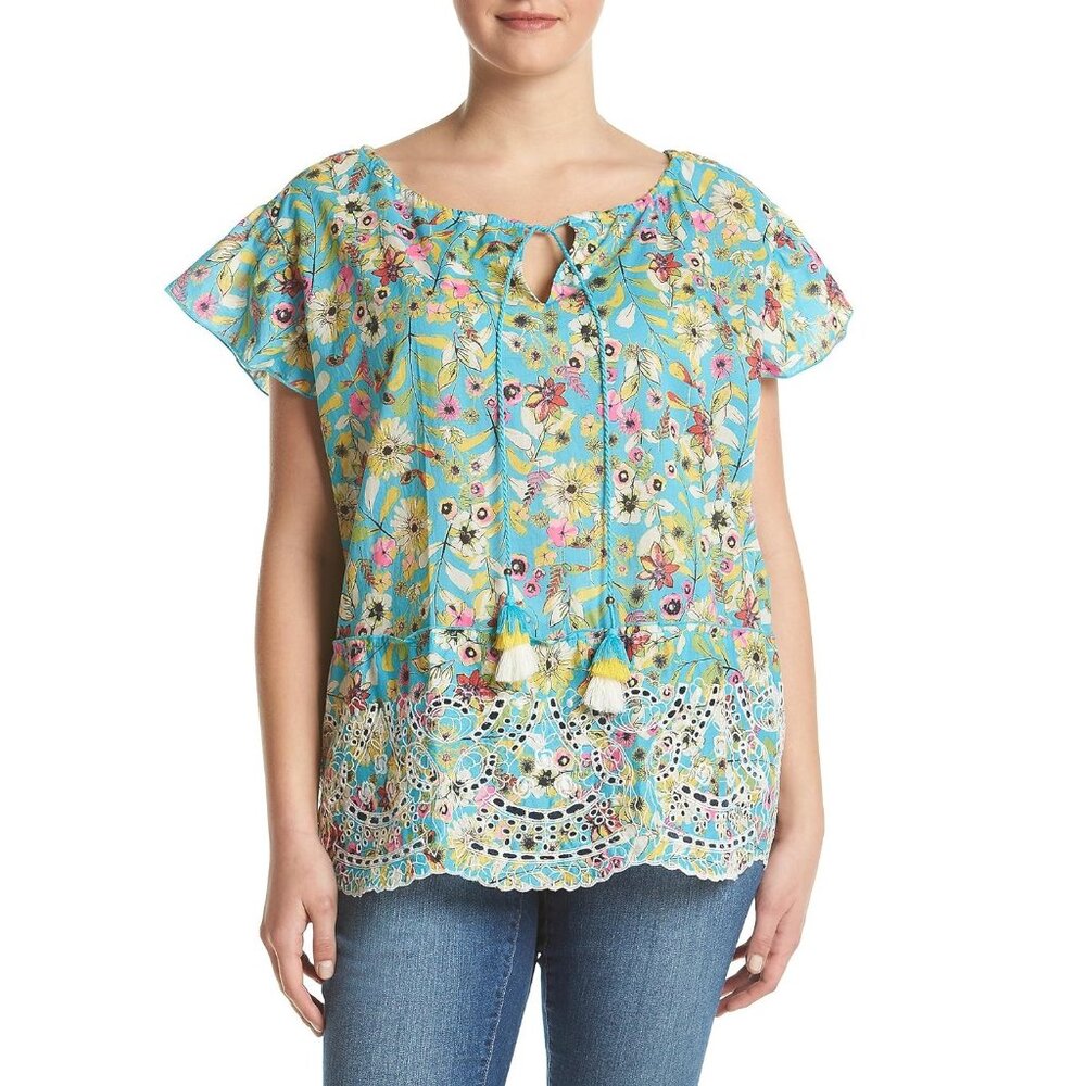 Womens Relativity Floral Tassel Tie Cut Out Top Size Medium 2X Turquoise NWT